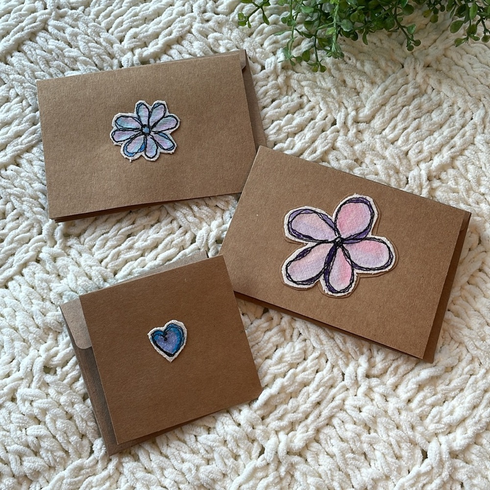 Handmade Greeting Cards Set of Three with Whimsical Embroidered Flower